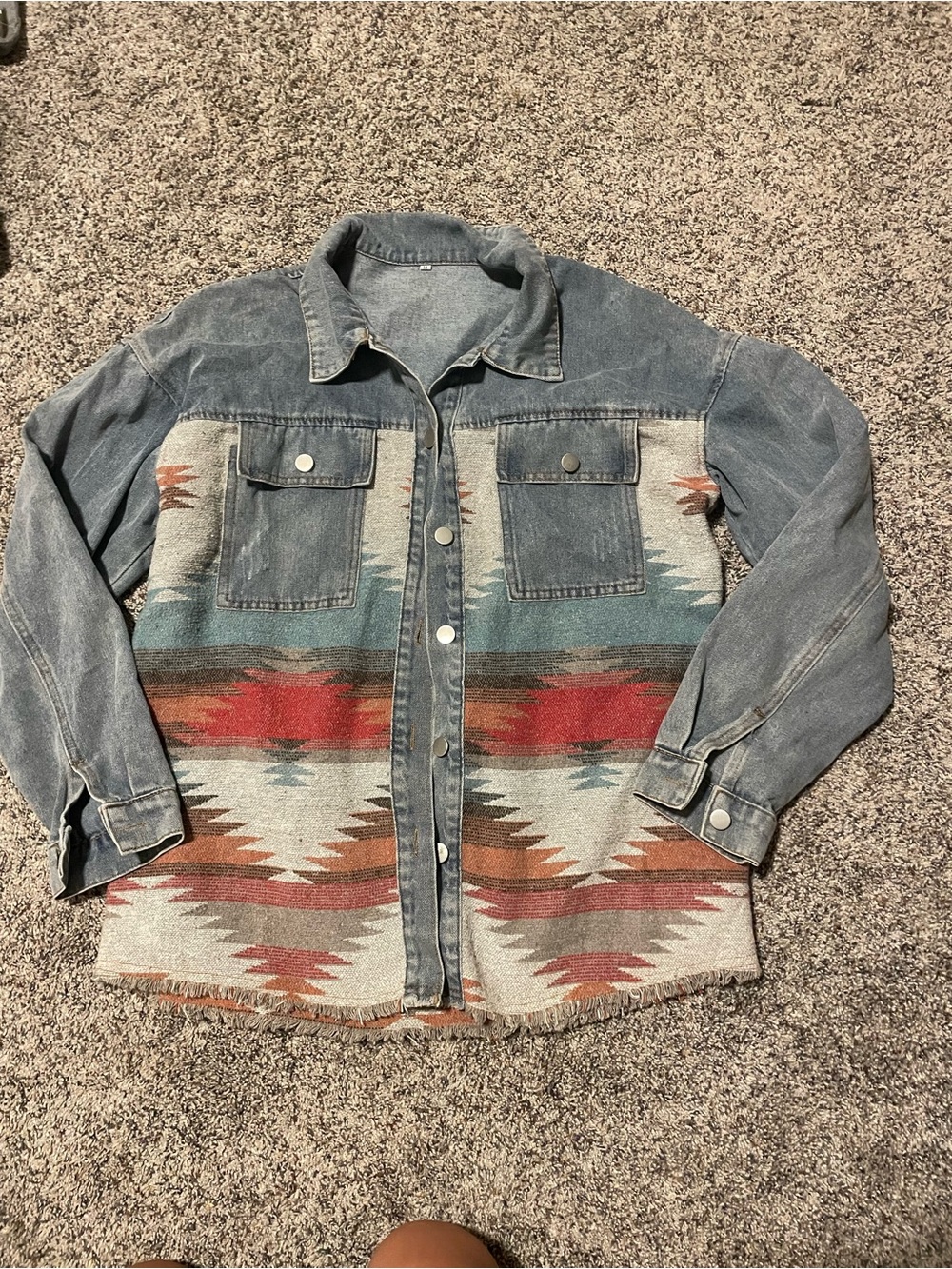 Denim Aztec Snap-Front Jacket with Southwestern Panels
